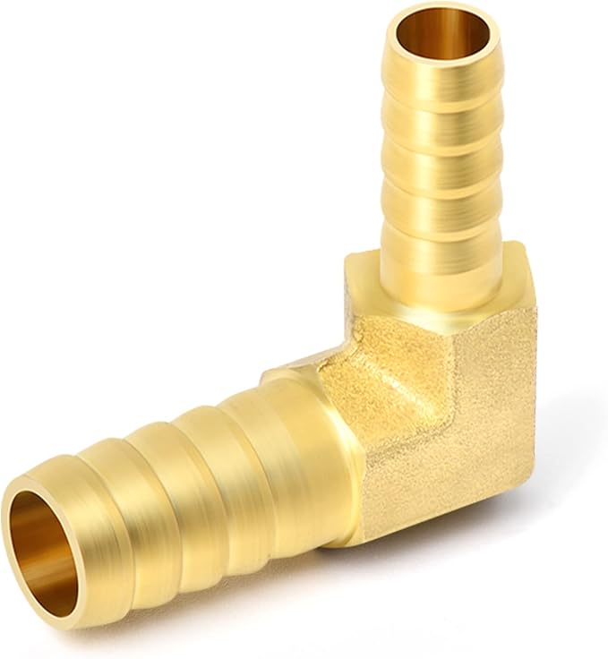 GASHER 2 Pieces Brass Hose Barb Reducer, 1/2 Inch to 3/8 Inch Barb Hose ID 90 Degree L Right Angle Elbow with 4 Hose Clamps, Brass Barb Reducer SPLICER Fitting Fuel/AIR/Water/Oil/Gas/WOG