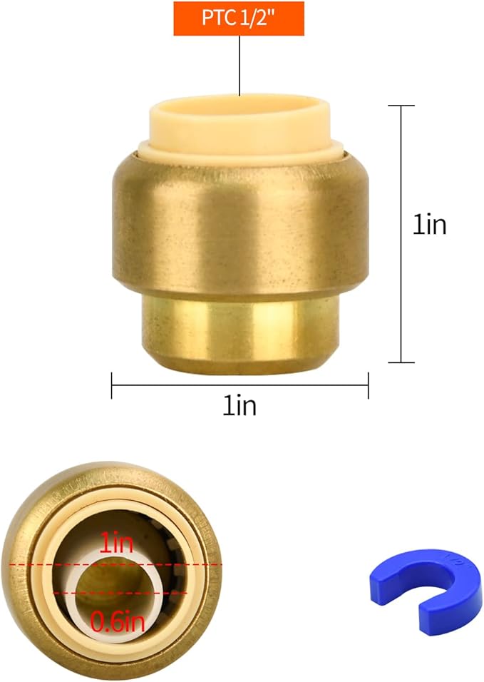 6 Pack Push-to-Connect Plumbing Fittings, 1/2" Pushfit End Cap Fittings with Disconnect Clip for Copper, PEX, CPVC Pipe