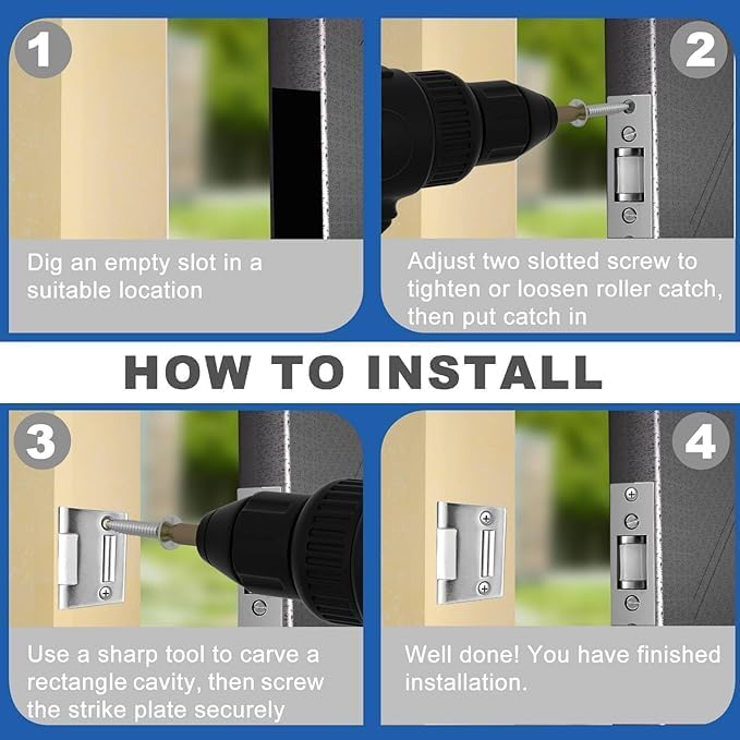 HOMOTEK Commercial Heavy Duty Door Roller Catch, Drive in Ball Catch with Strike Plate Solid Zinc Adjustable Silent Door Latch, Spring Tension Roller, Satin Nickle, 1 Pack