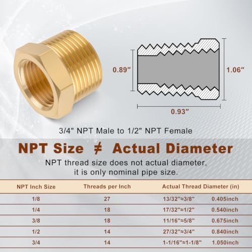 5PCS 3/4" NPT Male x 1/2" NPT Female Brass Hex Bushing, Reducing Fitting