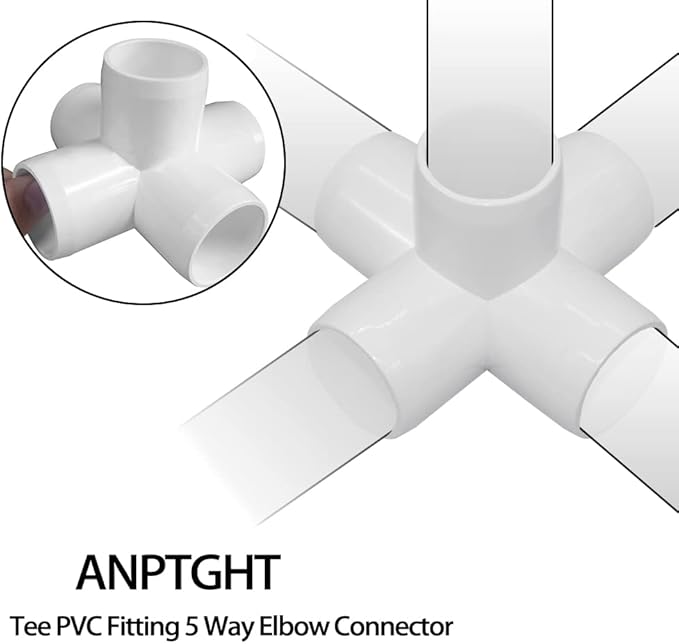 3/4“ Tee PVC Fitting 5 Way Elbow Connector, Furniture Grade 90 Degree Elbow Side Outlet, PVC Corner Fittings for Building Furniture Greenhouse Shed Pipe Fittings Tent Connection (Pack of 8)