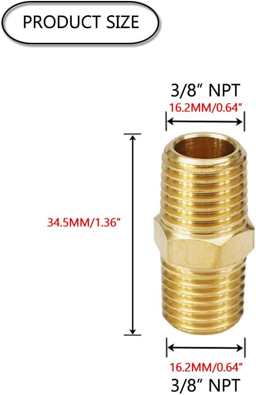 HQMPC Solid Brass Pipe Fitting Male Pipe, Hex Nipple Gas Connect Adapter Brass Union Coupler Adapter 3/8"NPT 12Pcs