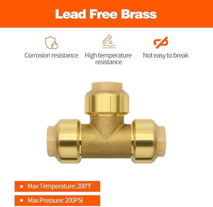 2 Pack Push-to-Connect Plumbing Fittings, 1/2" Pushfit Tee Fittings with Disconnect Clip for Copper, PEX, CPVC Pipe