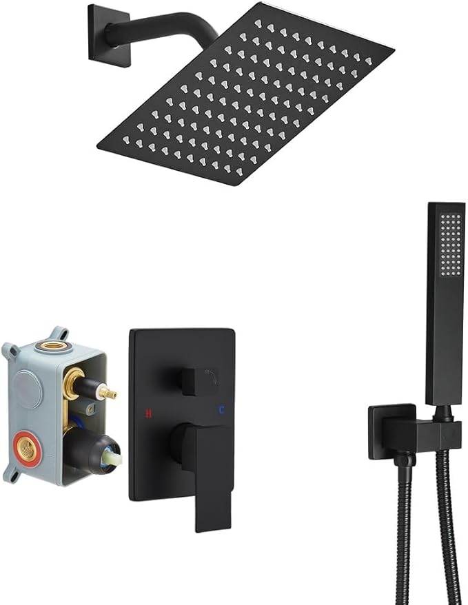 Matte Black Shower System Bathroom Rainfall Shower Faucet Set Complete Wall Mounted 8 Inch Shower Head and Handle Set with Rough-in Valve Body and Trim Kit