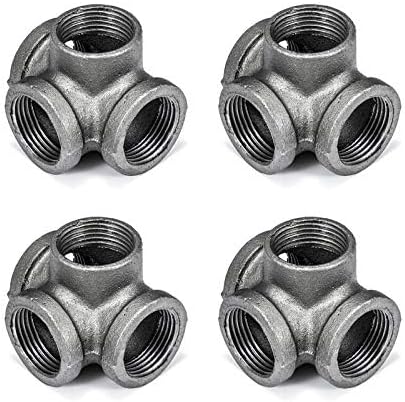 1" 4-Way Side Outlet Tee, Home TZH 4-Pack 4-Way Corner Cast Black Malleable Iron Pipe Fitting for Industrial Pipe, Furniture and DIY Decoration (4, 1")