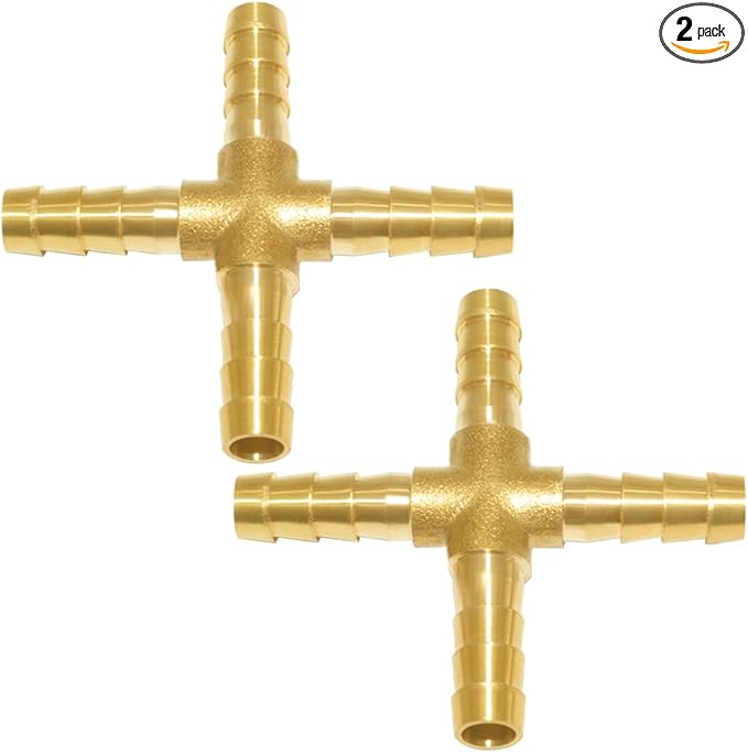 2PCS Solid Brass 3/8"OD Barb Fittings 4-Way Union Intersection Hose Pipe Barb Fitting for Water/Oil/Gas