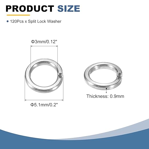 uxcell 120 Pcs M3 Split Lock Washers, 304 Stainless Steel Spring Lock Washer 3mm ID 5.1mm OD 0.9mm Thick for Screws Bolts Fasteners