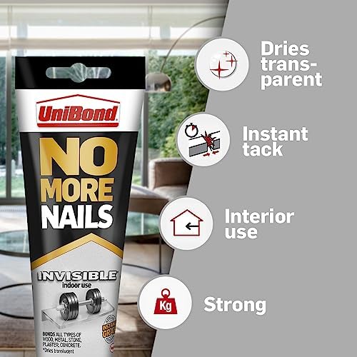 UniBond No More Nails Invisible, Heavy-Duty Clear Glue, Strong Glue for Wood, Ceramic, Metal and More, Instant Grab Mounting Adhesive, 1 x 184g Tube