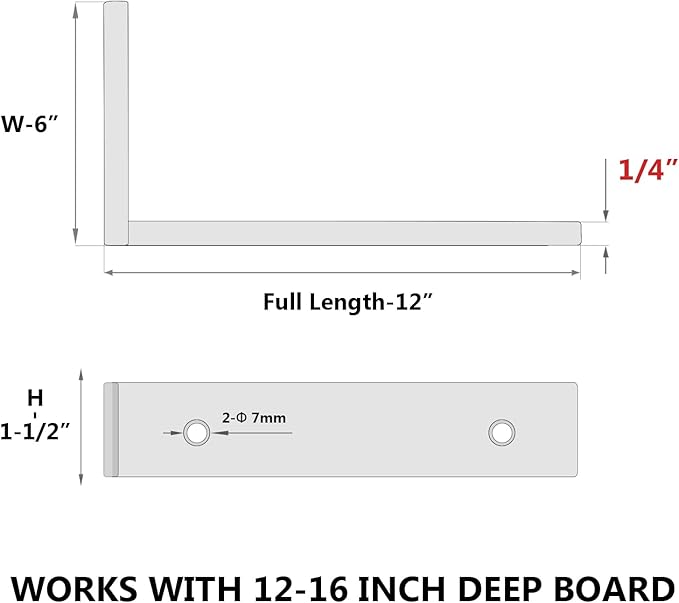 12-Pack 12 Inch Heavy Duty Shelf Brackets, Premium Floating L Bracket for Wall, Kitchen, Mantel Shelves Support | Quarter Inch (1/4") Thick | Black Powder Coated Steel