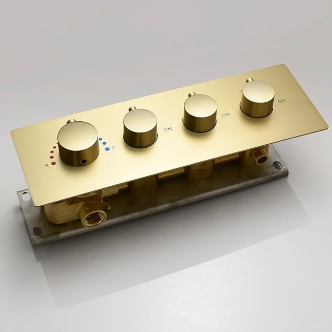 Thermostatic Shower Valve Concealed Mount, Pressure Balancing Brass Shower Mixing Valve Water Flow Can Control, Brushed Gold