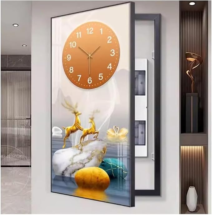 Fuse Box Cover Cabinet, Breaker Box Cover, Decorative Painting of Electricity Meter with Clock, Wall Mounted Hide Electrical Panel Cover Decorative,A,55x110cm