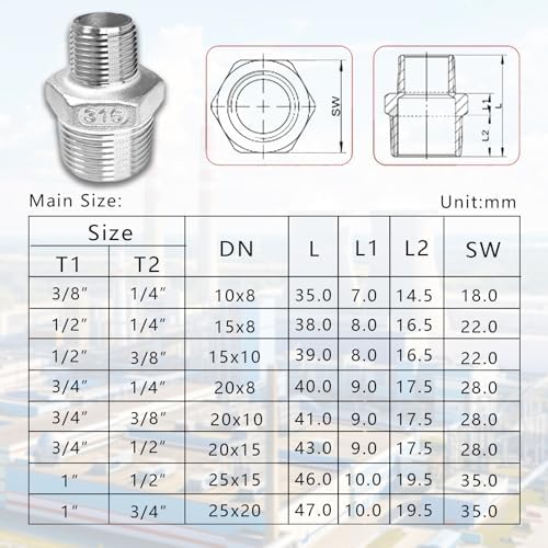 2-Pack 316 Stainless Steel Reducing Hex Nipple, 1" NPT Male x 3/4" NPT Male Pipe Fitting Adapter - Corrosion Resistant Reducer Connector for Plumbing, Hydraulic Systems (1" to 3/4")