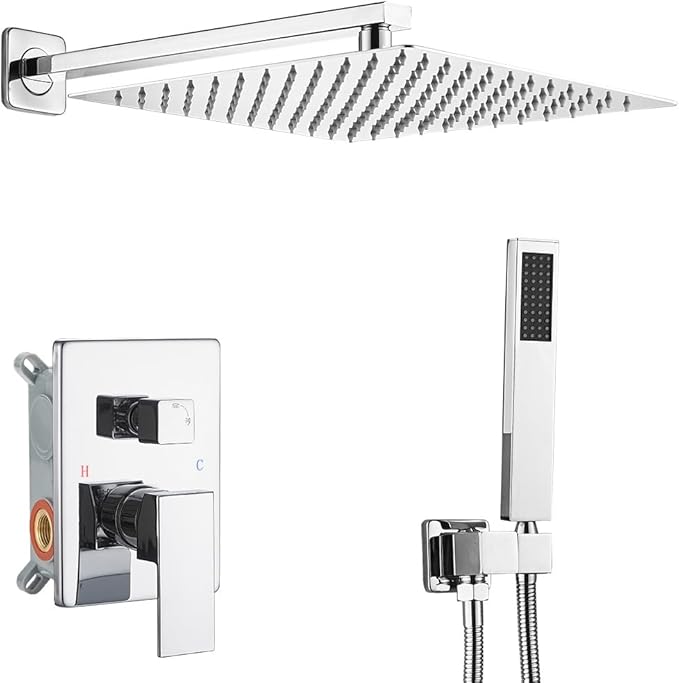 Polished Chrome Shower System 16 Inch Bathroom Luxury Rain Mixer Shower Combo Set Wall Mounted Rainfall Shower Head and Handheld System Shower Faucet Set Rough-in Valve Body and Trim Kit