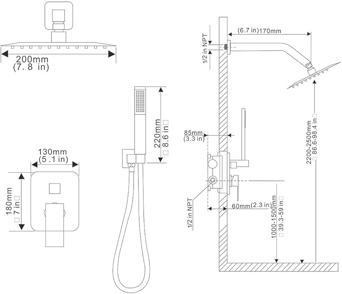 Chrome Shower System, 8 Inch High Pressure Rain Shower with Handheld, Wall Mount Shower Faucet Set for Bathroom, Rough-in Valve Body and Trim Included
