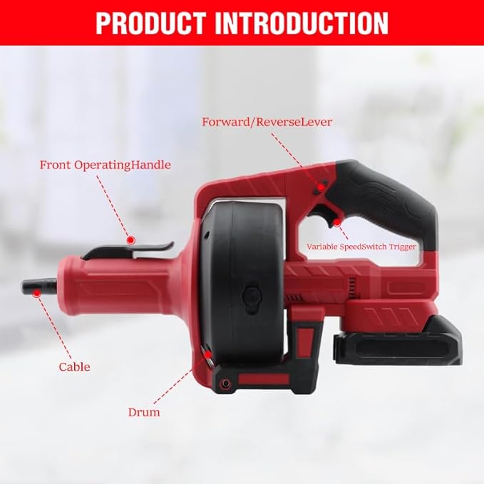 21V Cordless Electric Drain Auger, Plumbing Snake with 23FT Telescopic Cable & Battery & Charger, Suitable for Kitchen, Bathroom, Shower Pipes