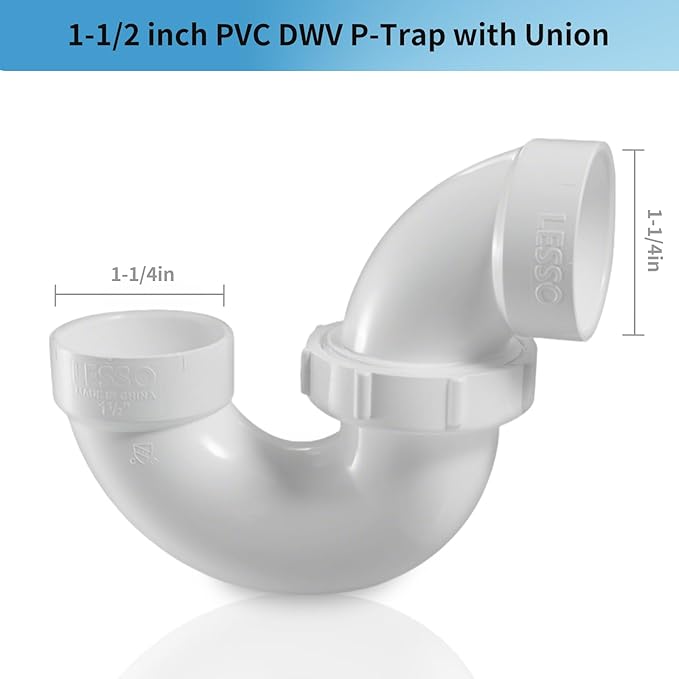 LESSO PVC P Trap 1 1/2 Inch, DWV PVC Fitting for RV Drain Bathroom Kitchen Sink Drain Pipe Tubular Kit with White Threaded Adapter Ring