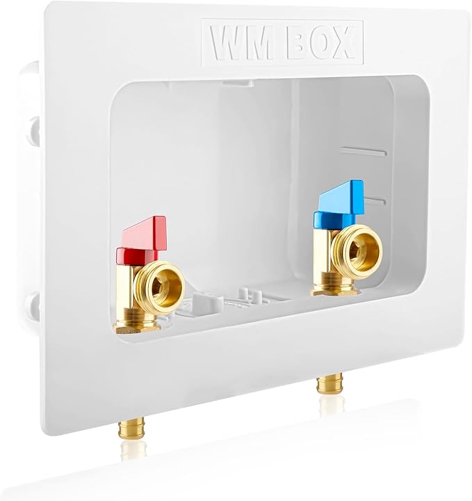 Washing Machine OutLet Box With Brass Valve, 1/2 Inch Pex Crimp Inlet x 3/4 Inch MHT Outlet, F1807 Center Drain Laudry Box
