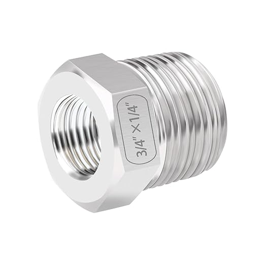 Quickun Stainless Steel Reducing Hex Bushing, 3/4" Male NPT to 1/4" Female NPT, Reducer Bushing Pipe Hose Fitting