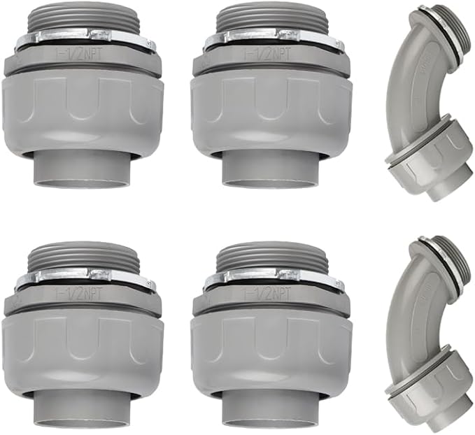 Conduit Connectors, 1-1/2 Inch Liquid Tight Connector NPT Non-Metallic for PVC Electrical Flexible Conduit Fittings, 4 Straight and 2 Angle 90 Degree, UL Listed, Grey (6-Pack)