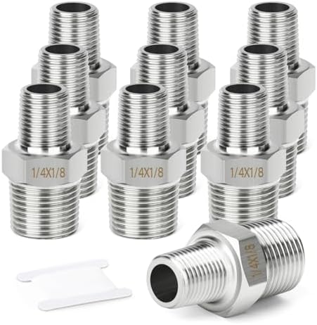 TAISHER 10PCS 304 SS New Hex Nipple, 1/4" NPT Male x 1/8" NPT Male