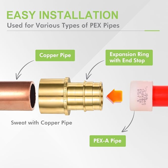 2 Pack Brass Expansion Female Sweat Adapter,1" Pex A Expansion x 1" Sweat Brass Expansion Fitting ONLY Full Flow For Pex-A Tubing Connection, NSF/ANSI 61 NSF 372 Certificate