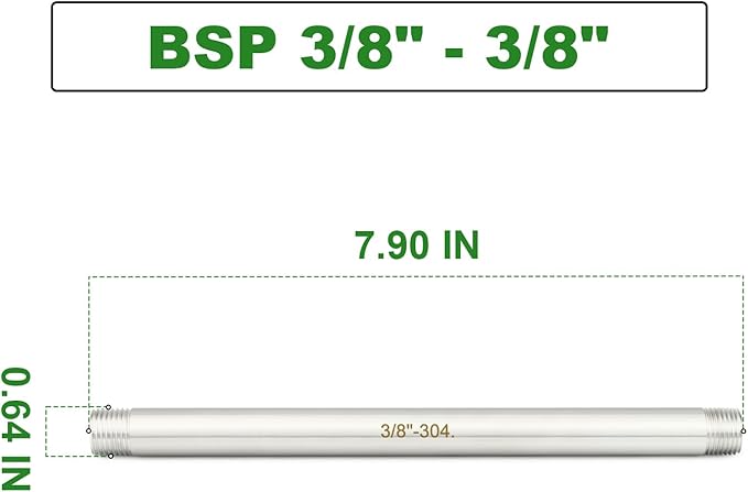 TAISHER 2PCS Stainless Steel Pipe Fittings, 3/8" BSP Male x 3/8" BSP Male Threaded, 8" Length Nipple Cast Pipe