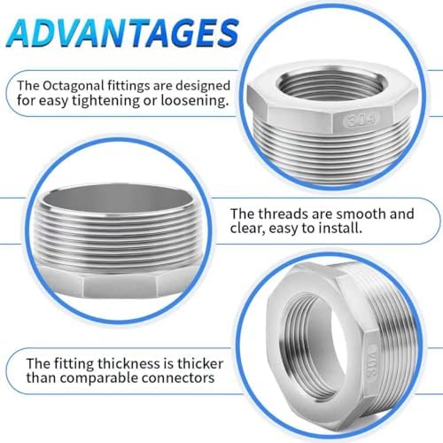 ChillWaves 304 Stainless Steel Pipe Fitting, Reducer Hex Bushing 2" NPT Male x 1-1/4" NPT Female Thread Adapter(1-PACK)