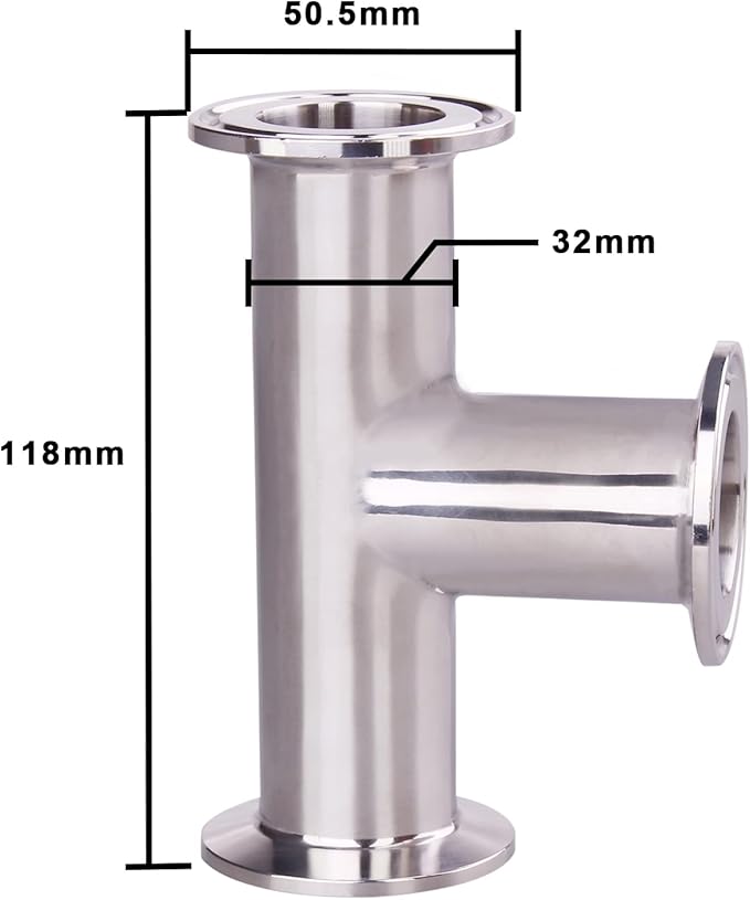 DERNORD Clamp Tee 3 Way Stainless Steel 304 Sanitary Fitting Fits 1.5" Tri-clamp, 32mm Pipe OD