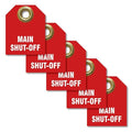 AccuformNMC Shut Off Valve Tags, Main Shut Off (Pack of 5), 2.5" H x 2" W, Red Plastic Double Sided Pipe Tags with Metal Grommet, TDW216