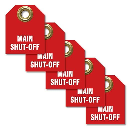 AccuformNMC Shut Off Valve Tags, Main Shut Off (Pack of 5), 2.5" H x 2" W, Red Plastic Double Sided Pipe Tags with Metal Grommet, TDW216