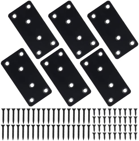 6 Pcs Flat Mending Plate, 1.5''x3.1'' Black Stainless Steel Metal Flat Straight Brace Bracket, Fixing Brace Joining Plates for Furniture, Wood, Shelves, Cabinet with 2 Different Lengths of Screws