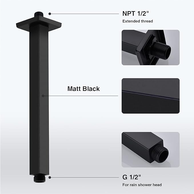 Matte Black Shower Arm with Flange 12 Inch Replacement Extension Pipe Stainless Steel Rainfall Shower Head Extender Arm, Square Shaped