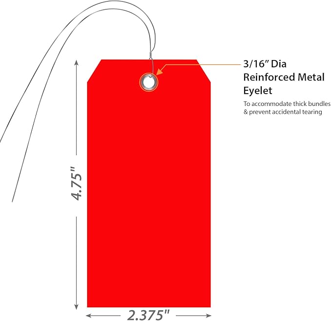 SmartSign Pack of 100 Red Plastic Tags with Wires, 4.75 x 2.375 inch, Metal Eyelet, 10 mil Tear-Proof Polylith Plastic Size-5, Writable
