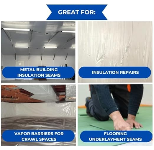 BlueTex Insulationㅤ 6" Wide x 180' Long White Vapor Barrier Seam Tape - 1 Roll Waterproofing and Great for Crawlspaces, Insulation Repair, Underlayment Seams, Metal Building Insulation Seams