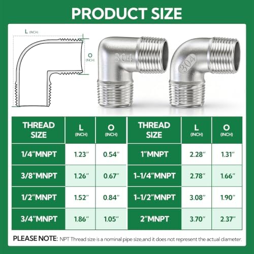 TAISHER 2PCS 304 Stainless Steel 90 Degree elbow,1/4" NPT Male × 1/4" NPT Male Thread Pipe Fitting