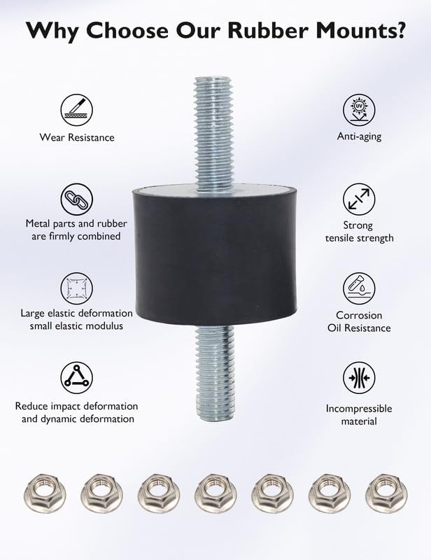M8 Rubber Vibration Isolator Mounts Double Stud Shock Absorber Isolation Mounts Anti Vibration Silent-Blocks for Car Boat Bobbins Motors Compressors Pumps, 4pcs M8x23-30x20mm, 8pcs LockNuts