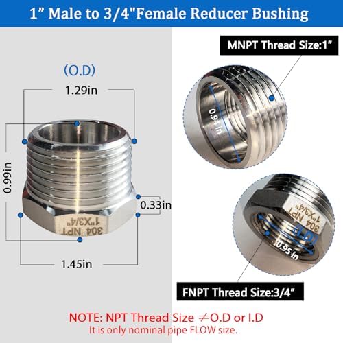2 Pcs Stainless Steel Bushing 1" Male to 3/4" Female, 1" to 3/4" NPT Adapter Hex Stainless Steel Reducing Pipe Adapter Fitting Stainless Steel Fitting Pipe Hose Tube Adapter Convert