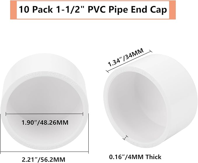 10 Pack 1-1/2" PVC Pipe End Cap Fitting, Schedule 40 Furniture Grade PVC Pipe End Cap Plug Adapter, White 1-1/2" PVC Pipe Plug Socket Fittings for Build PVC Furniture DIY Garden Shelf