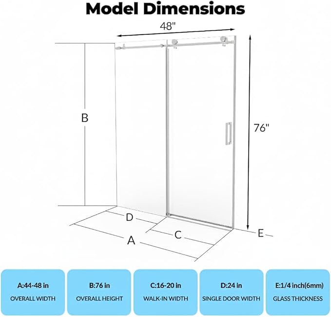 Semi-Frameless Sliding Shower Door - 44 to 48 Inch Adjustable Width x 76 Inch High, 6mm Coated Tempered Glass with Easy Clean, One Fixed & One Sliding Panel, Stainless Steel Round Rail, Brushed Nickel