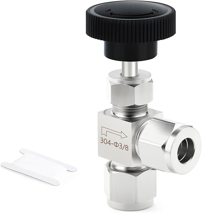 TAISHER 1PCS 304 Stainless Steel Compression Tube Square 90 Degree Needle Valve 3/8"" Tube OD x 3/8"" Tube OD For Flow Control Water Gas Oil, Silver