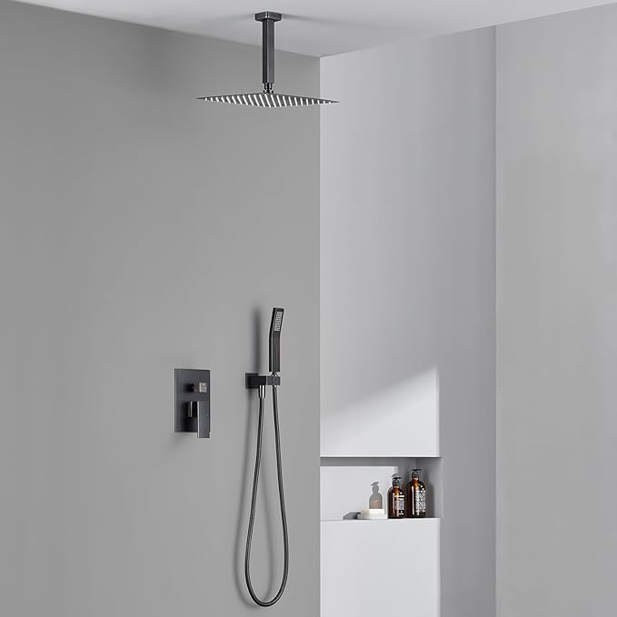 Shower System 12 Inches Rain Shower Combo Set Oil Rubbed Bronze Ceiling Mount Shower Faucet Bathroom Faucets with Rainfall Shower Head and Hand Shower