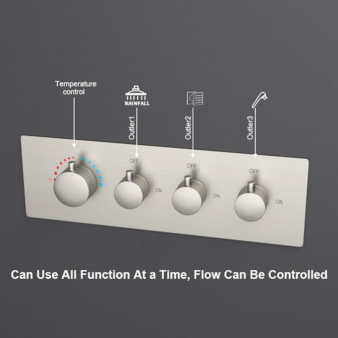 Thermostatic Shower Valve Concealed Mount, 3 Way Shower Mixing Valve Flow Can Control, Pressure Balancing, Brushed Nickel