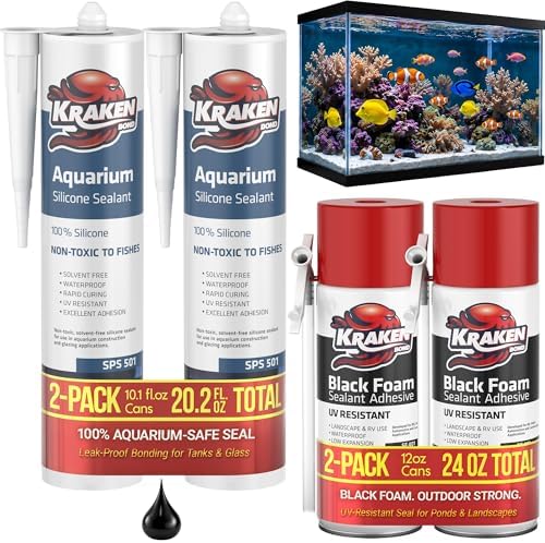 Kraken Bond Black Spray Waterfall Foam Sealant Straw Use 2x12 oz & Aquarium Silicone Sealant 2x10.1 fl. oz – Bundle for Vivarium, Terrarium, Fountain & Aquascape Background, Caulking Gun Not Included