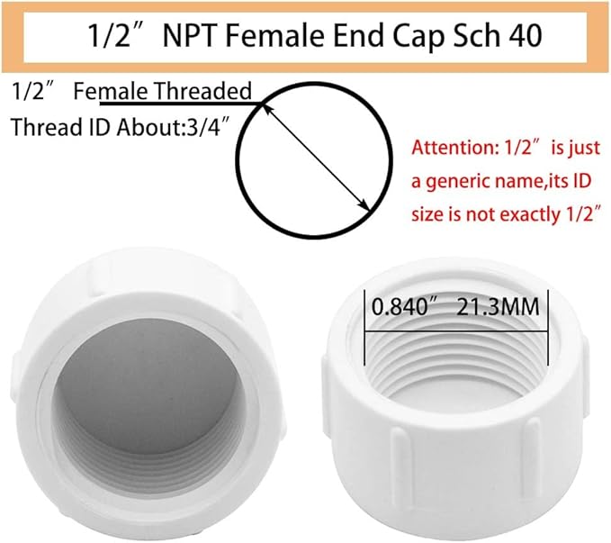 YSIL 1/2 Inch PVC Female End Cap Plug, Threaded Water End Cap Connector PVC Pipe Fittings for Plumbing Water Line (12 Pack) White