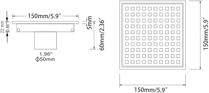 Square Shower Drain 6", SUS 304 Stainless Steel Floor Drain with Grid Drain Cover & Hair Strainer, Matte Black