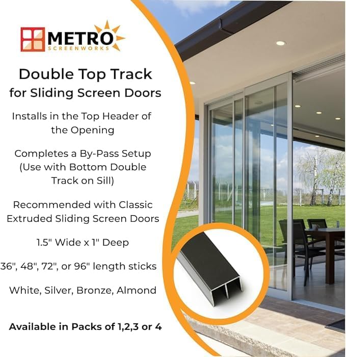 Top Double Channel Track for Bypass & French Sliding Screen Doors - Replacement Sliding Screen Door Upper Tracking System Hardware - Almond Aluminum Track - 1-1/2” Wide 1” Deep - 36 in, 4 Piece