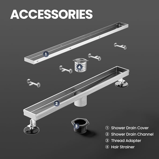 Linear Shower Drain 18 Inch, Shower Drain with 2-in-1 Tile Insert Panel, Brushed AISI 304 Stainless Steel Linear Drain for Fast Drainage, Floor Drain for Bathroom, Kitchen, Garage & More