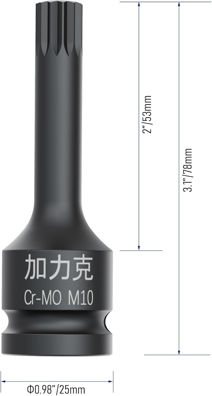 1/2-Inch Drive x M10(10mm） Impact XZN Triple Square Spline Bit Socket, Metric Lengthen Screwdriver Socket Adapter, 3-Inch Length, CR-MO Steel, One-Piece Construction, Black