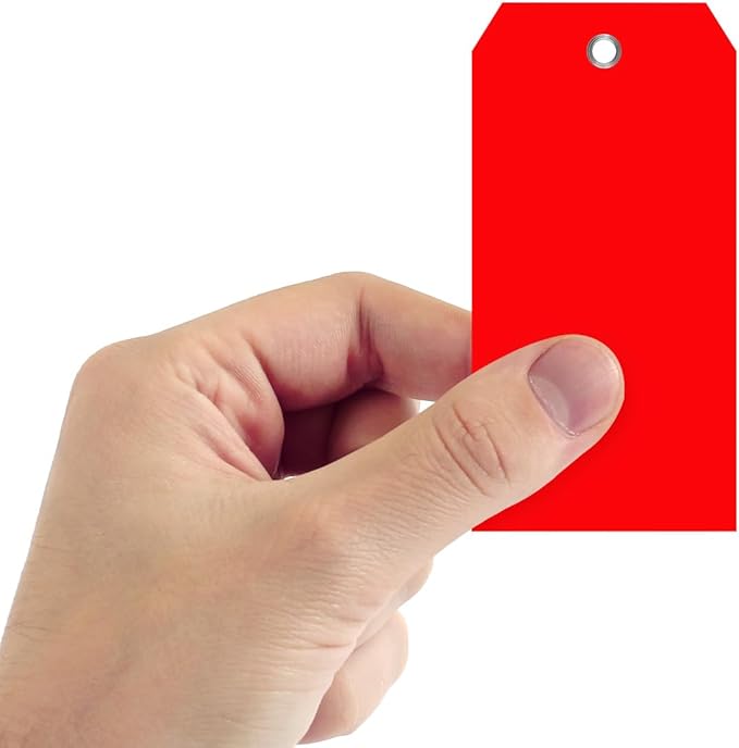 SmartSign Red Plastic Tags with Pre-Punched Hole, 100-Pack, 4.75 x 2.375 inch, Size#5, 10 mil Thick Tear-Proof Polylith Plastic Tags with Metal Eyelet, Writable Blank Tags for Shipping, Labeling