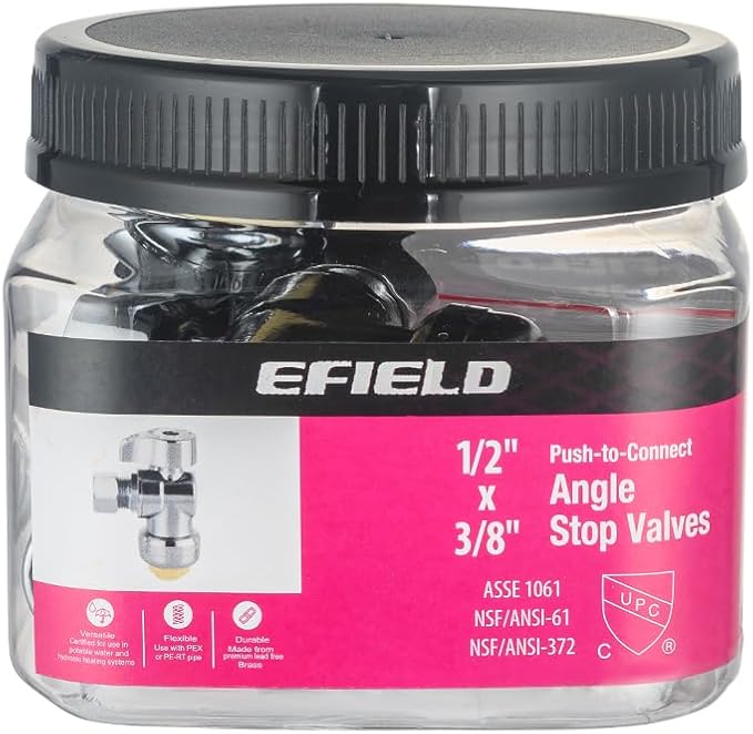 Pro 4-Pack EFIELD Push Fit 1/4 Turn Angle Stop Valve,1/2 Push Fit x 3/8 Inch Compression, Chrome Plated LF Brass, Heavy Duty With Disconnect Clip,(PF-VALVE082)